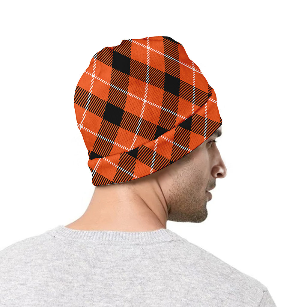 Orange Black And White Plaid Print Beanie