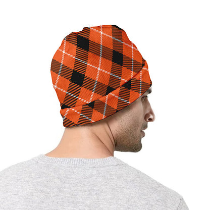 Orange Black And White Plaid Print Beanie