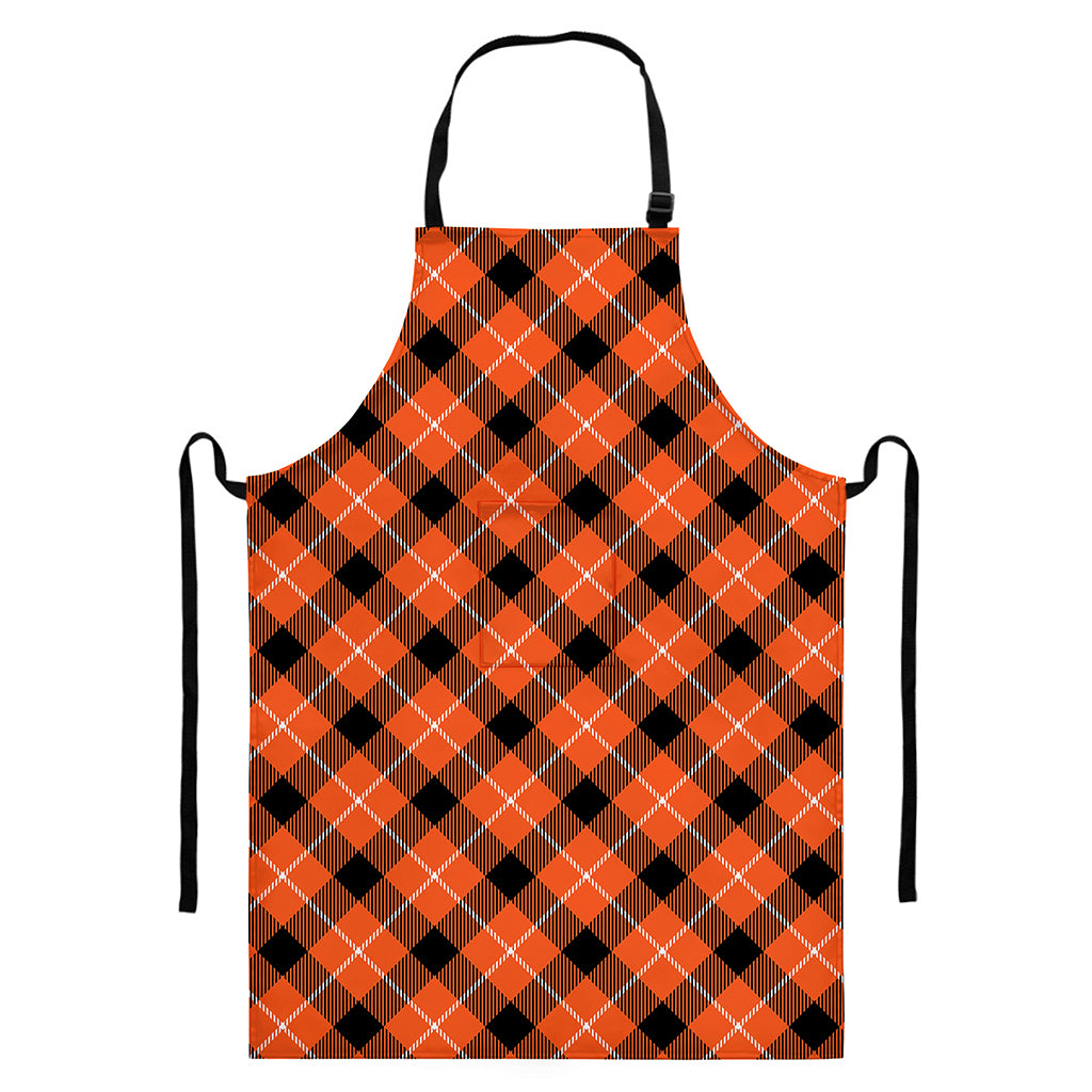 Orange Black And White Plaid Print Bib Apron With Pocket