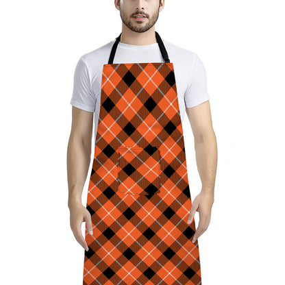 Orange Black And White Plaid Print Bib Apron With Pocket