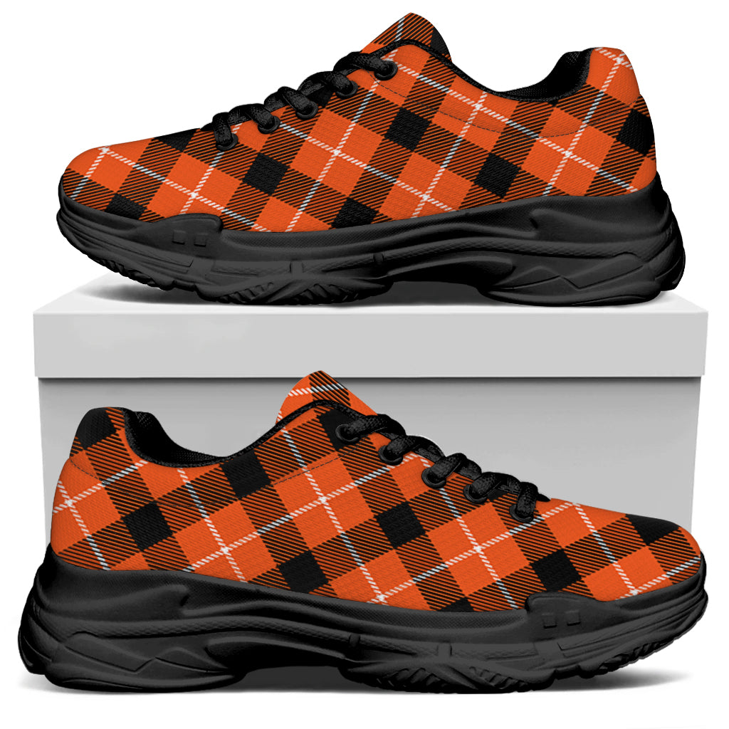 Orange Black And White Plaid Print Black Chunky Shoes