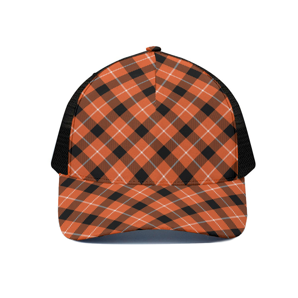Orange Black And White Plaid Print Black Mesh Trucker Cap