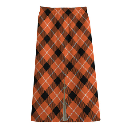 Orange Black And White Plaid Print Cotton Front Slit Maxi Skirt
