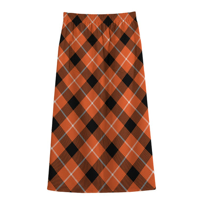 Orange Black And White Plaid Print Cotton Front Slit Maxi Skirt