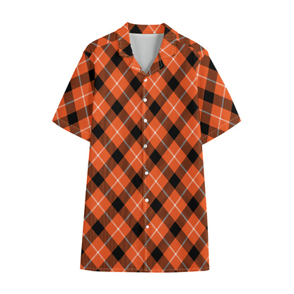Orange Black And White Plaid Print Cotton Hawaiian Shirt