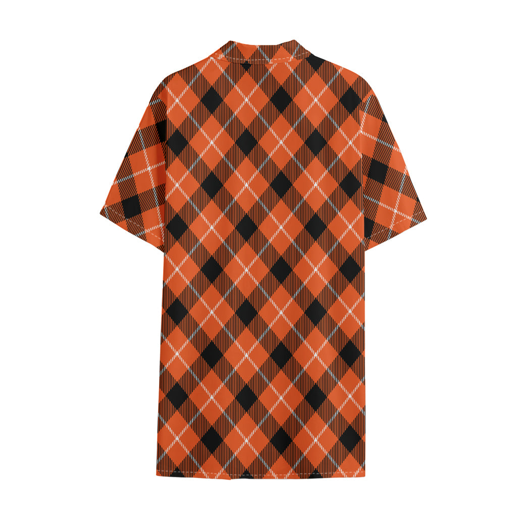 Orange Black And White Plaid Print Cotton Hawaiian Shirt
