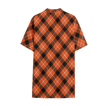 Orange Black And White Plaid Print Cotton Hawaiian Shirt