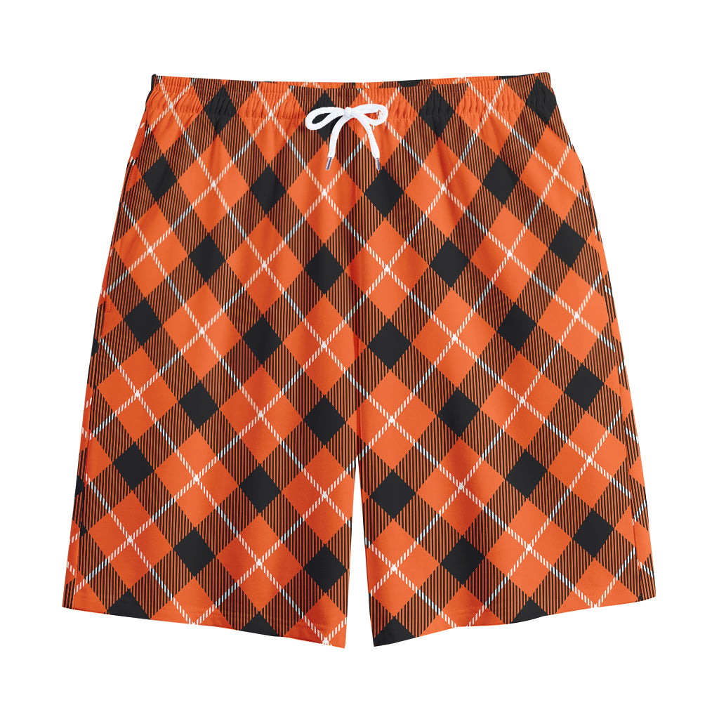 Orange Black And White Plaid Print Cotton Shorts