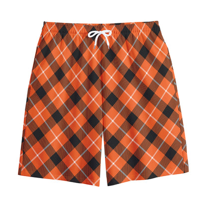 Orange Black And White Plaid Print Cotton Shorts