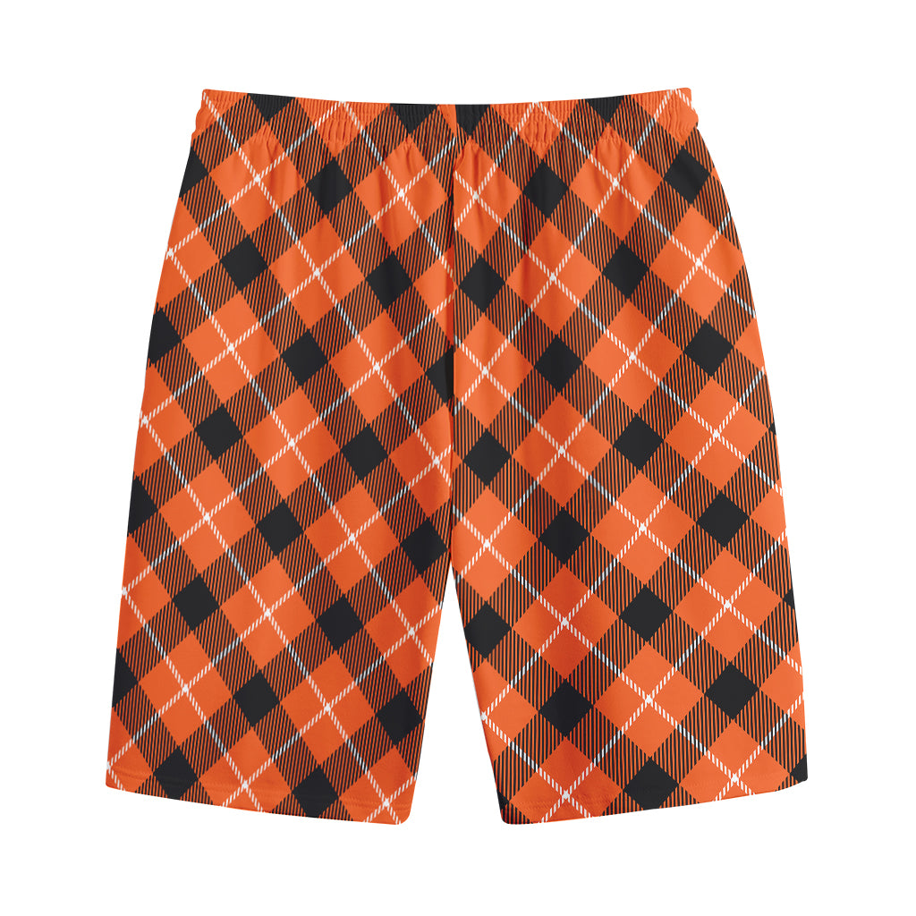 Orange Black And White Plaid Print Cotton Shorts