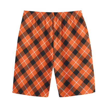 Orange Black And White Plaid Print Cotton Shorts