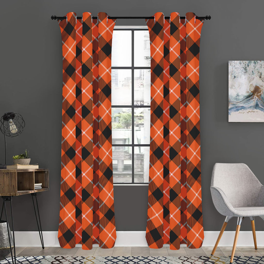 Orange Black And White Plaid Print Curtain