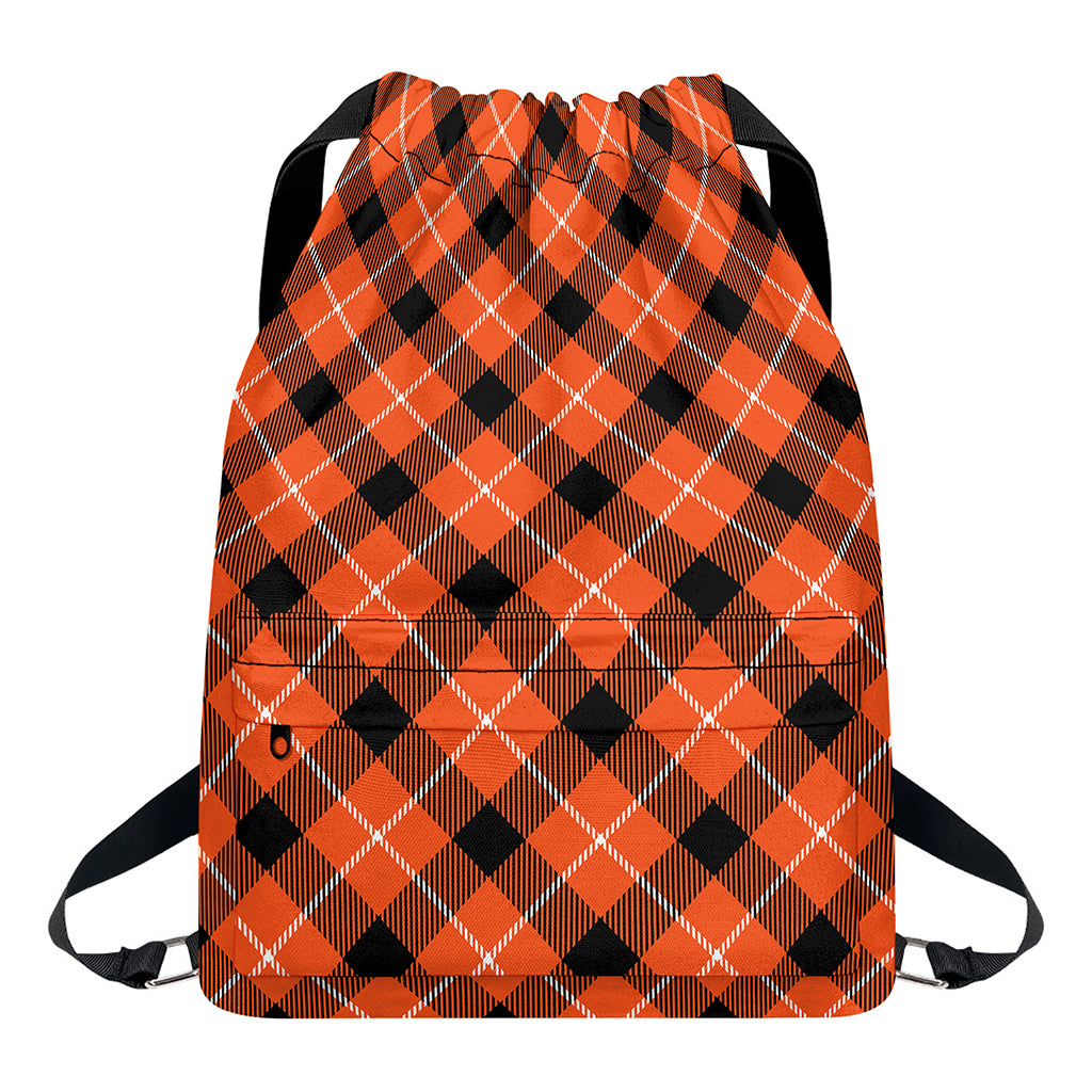 Orange Black And White Plaid Print Drawstring Backpack