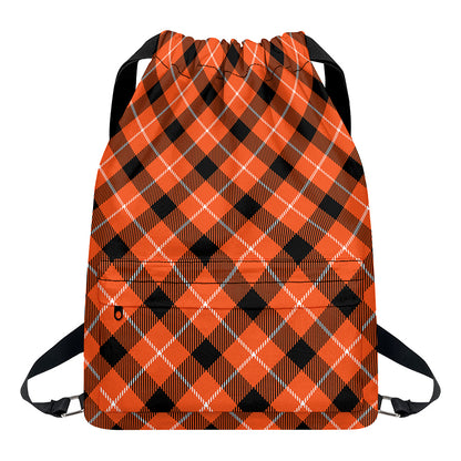 Orange Black And White Plaid Print Drawstring Backpack