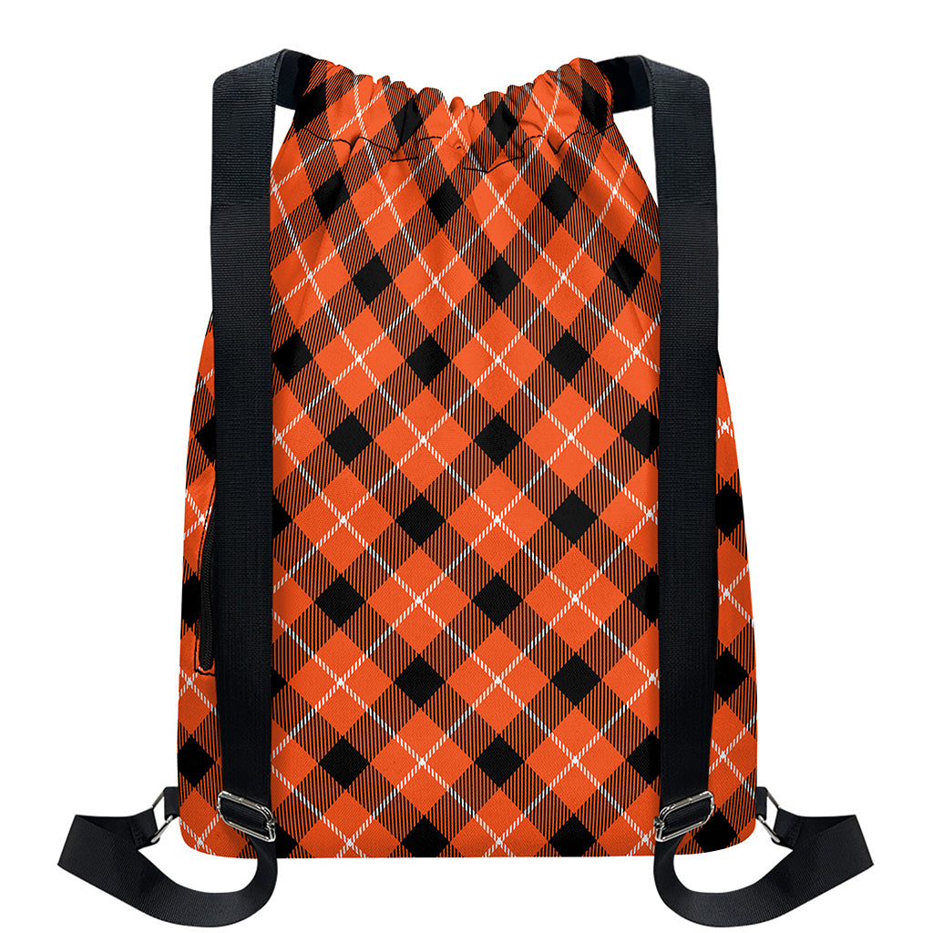Orange Black And White Plaid Print Drawstring Backpack