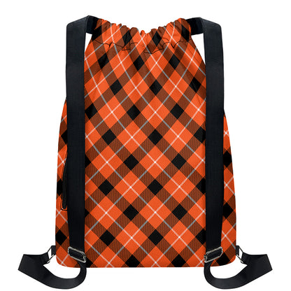 Orange Black And White Plaid Print Drawstring Backpack