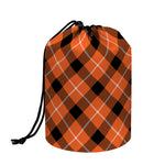 Orange Black And White Plaid Print Drawstring Makeup Bag