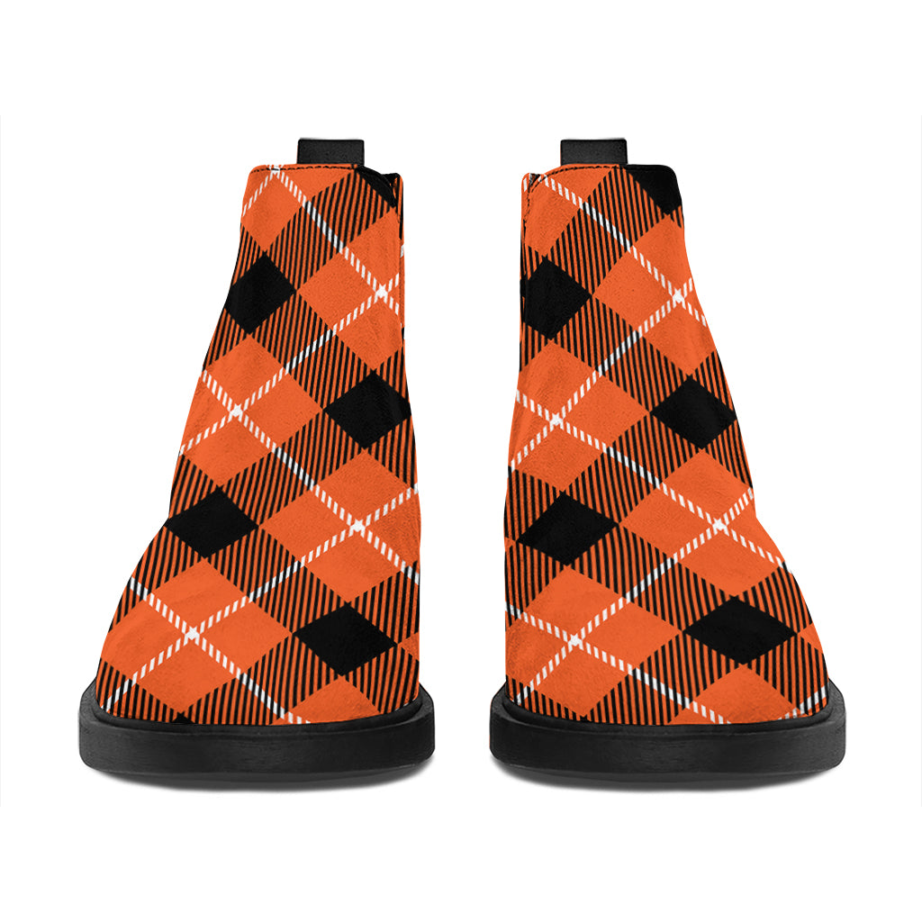 Orange Black And White Plaid Print Flat Ankle Boots