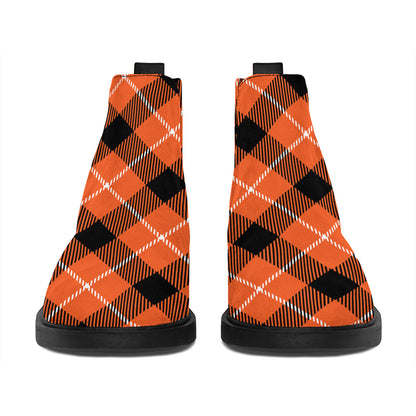Orange Black And White Plaid Print Flat Ankle Boots