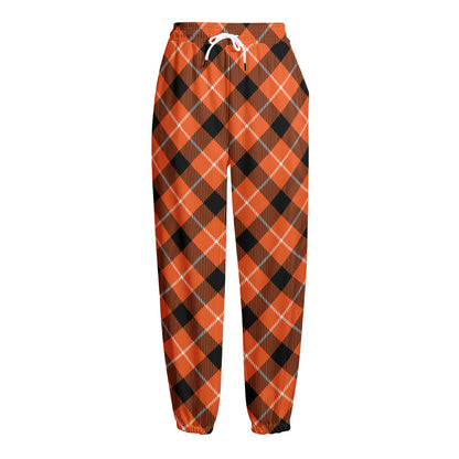 Orange Black And White Plaid Print Fleece Lined Knit Pants