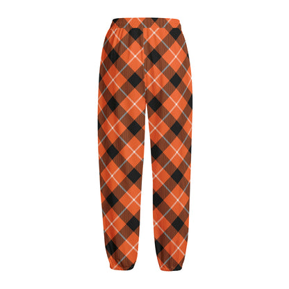 Orange Black And White Plaid Print Fleece Lined Knit Pants