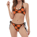 Orange Black And White Plaid Print Halter Scoop Tie Side Bikini