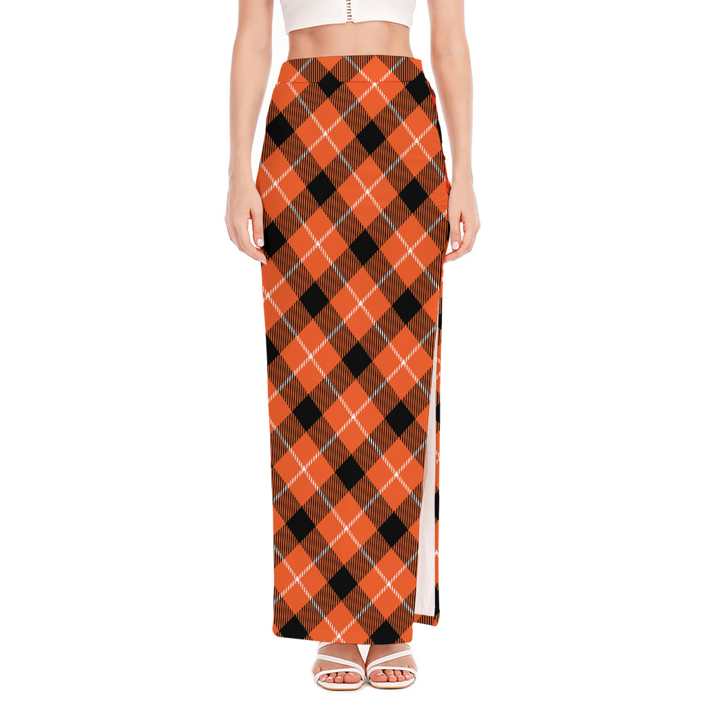 Orange Black And White Plaid Print High Slit Maxi Skirt