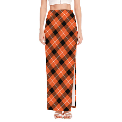 Orange Black And White Plaid Print High Slit Maxi Skirt