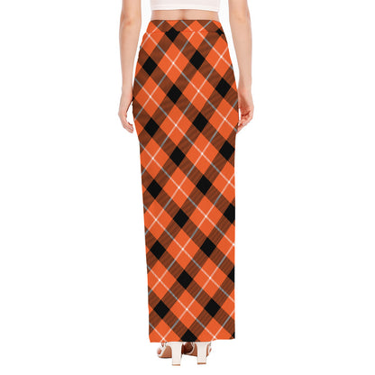 Orange Black And White Plaid Print High Slit Maxi Skirt