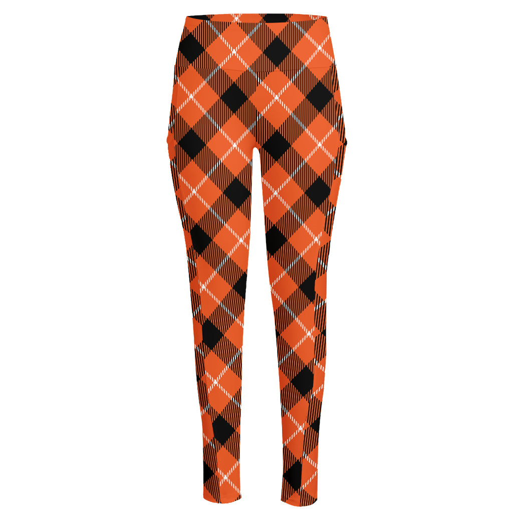 Orange Black And White Plaid Print High-Waisted Pocket Leggings