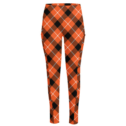 Orange Black And White Plaid Print High-Waisted Pocket Leggings