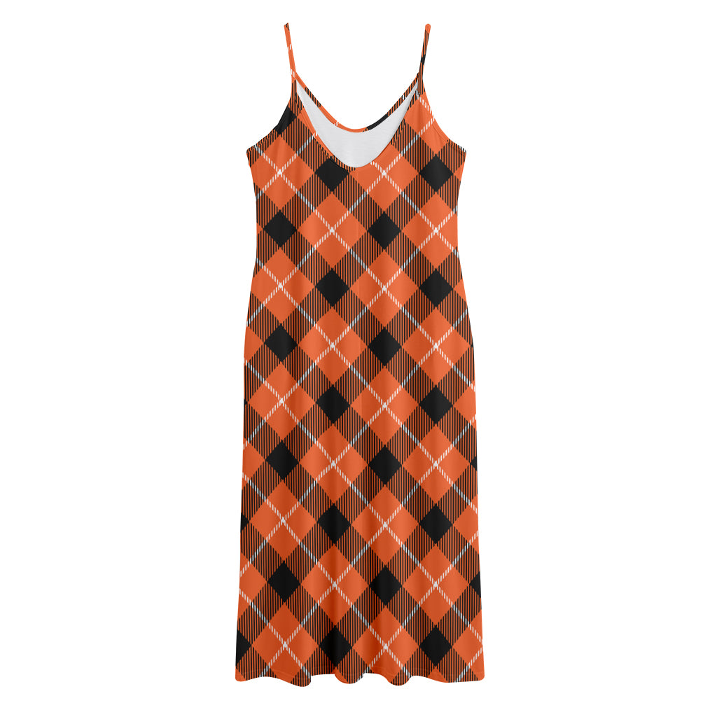 Orange Black And White Plaid Print Jersey Midi Cami Dress
