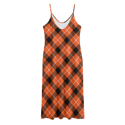 Orange Black And White Plaid Print Jersey Midi Cami Dress