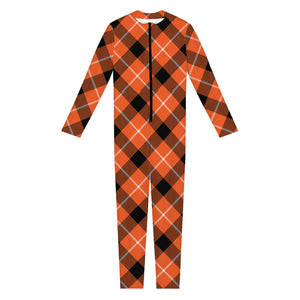 Orange Black And White Plaid Print Jumpsuit