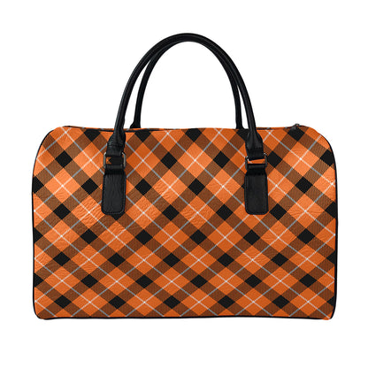Orange Black And White Plaid Print Leather Duffle Bag