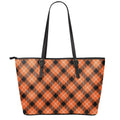 Orange Black And White Plaid Print Leather Tote Bag With Zipper
