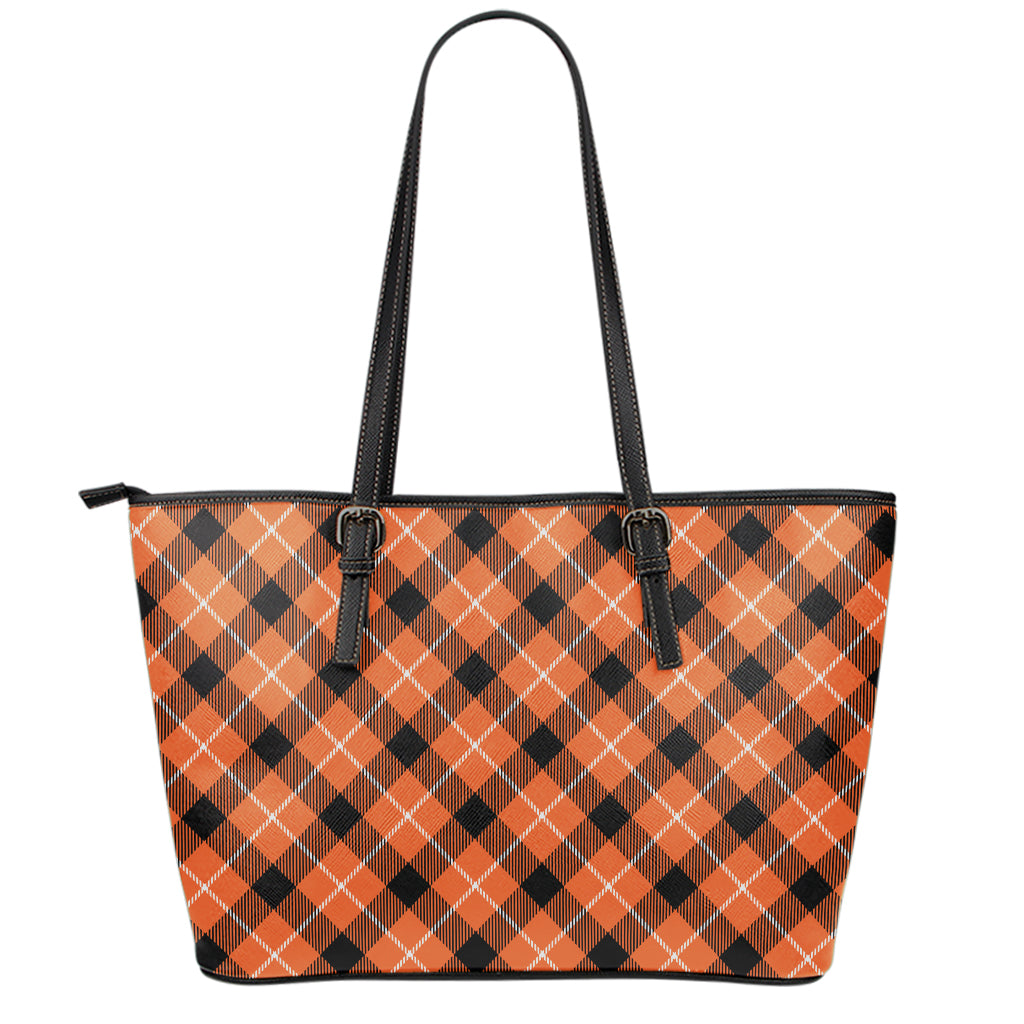 Orange Black And White Plaid Print Leather Tote Bag