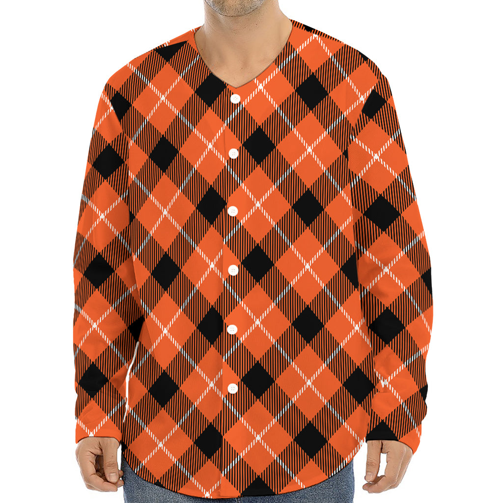 Orange Black And White Plaid Print Long Sleeve Baseball Jersey