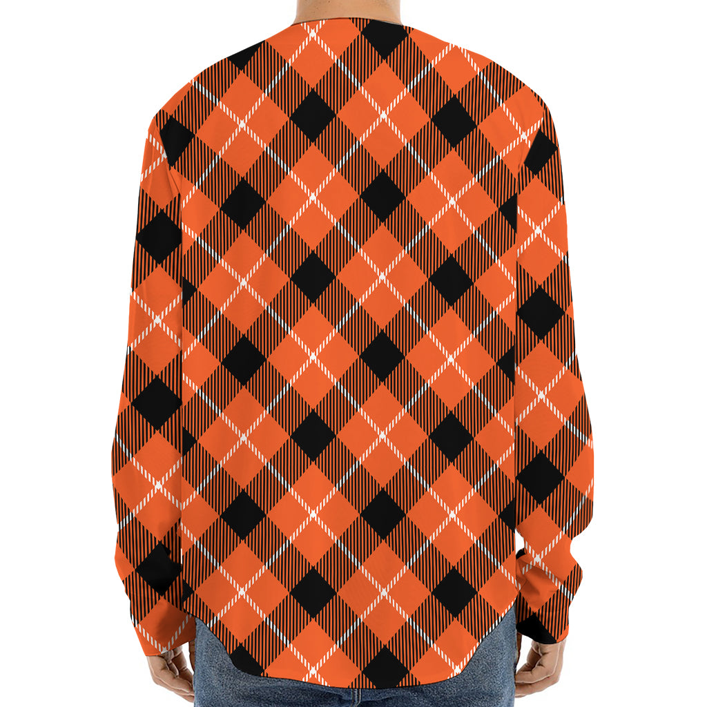 Orange Black And White Plaid Print Long Sleeve Baseball Jersey