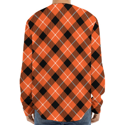Orange Black And White Plaid Print Long Sleeve Baseball Jersey