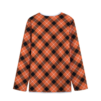 Orange Black And White Plaid Print Long Sleeve Short Coat