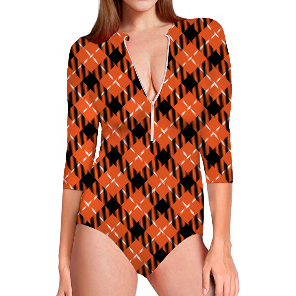 Orange Black And White Plaid Print Long Sleeve Swimsuit