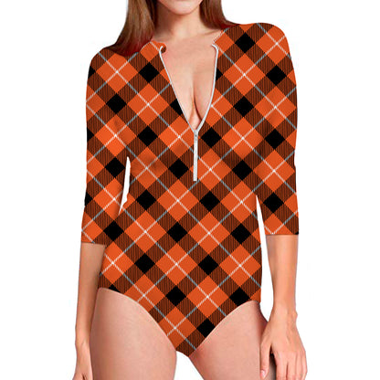 Orange Black And White Plaid Print Long Sleeve Swimsuit