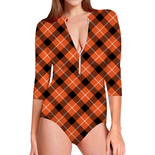 Orange Black And White Plaid Print Long Sleeve Swimsuit
