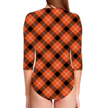 Orange Black And White Plaid Print Long Sleeve Swimsuit