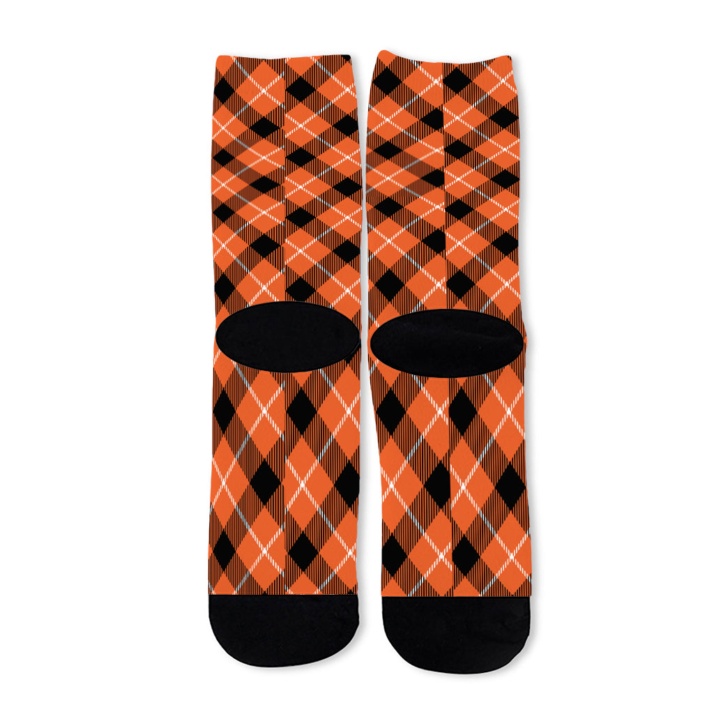 Orange Black And White Plaid Print Long Socks