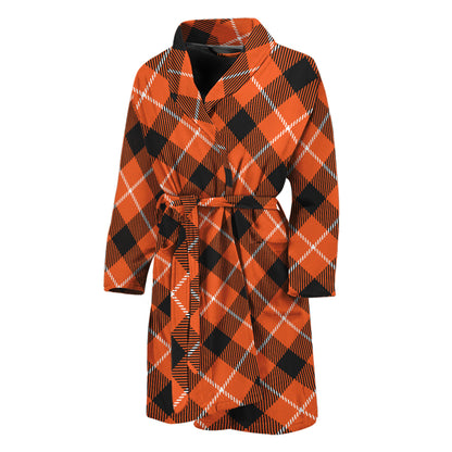 Orange Black And White Plaid Print Men's Bathrobe