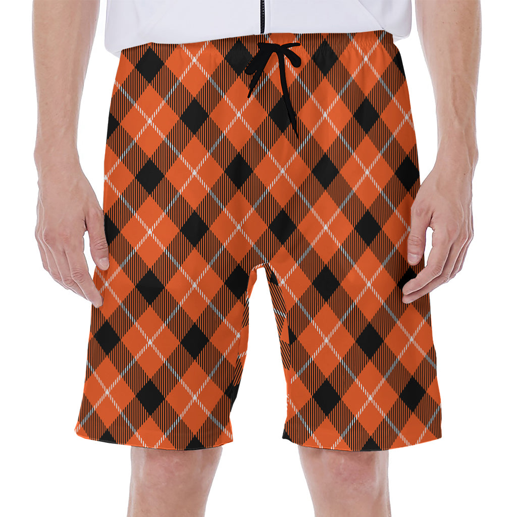 Orange Black And White Plaid Print Men's Beach Shorts