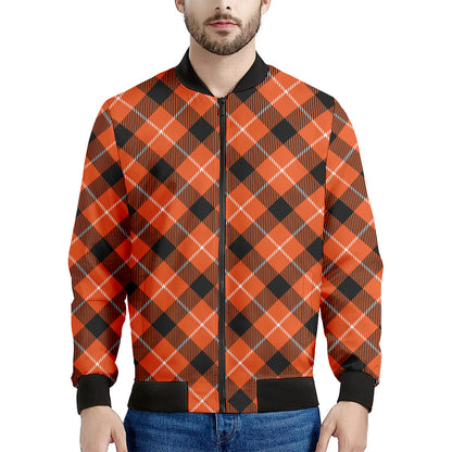 Orange Black And White Plaid Print Men's Bomber Jacket