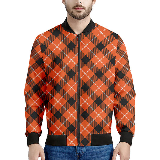 Orange Black And White Plaid Print Men's Bomber Jacket